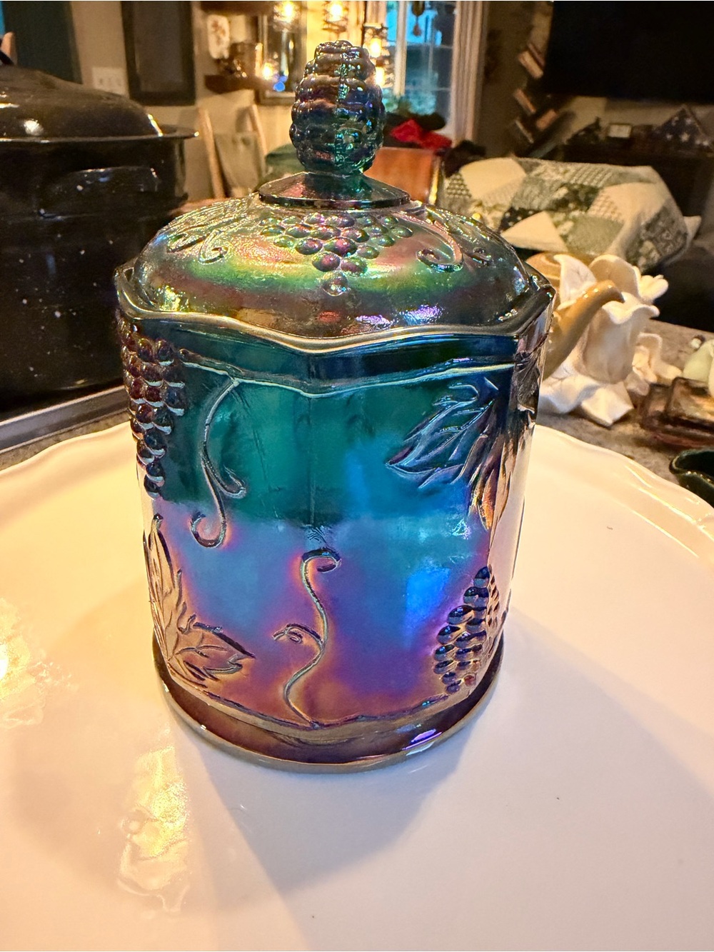 Vintage Indiana Glass blue carnival glass Harvest Grape pattern
 jar with lid.